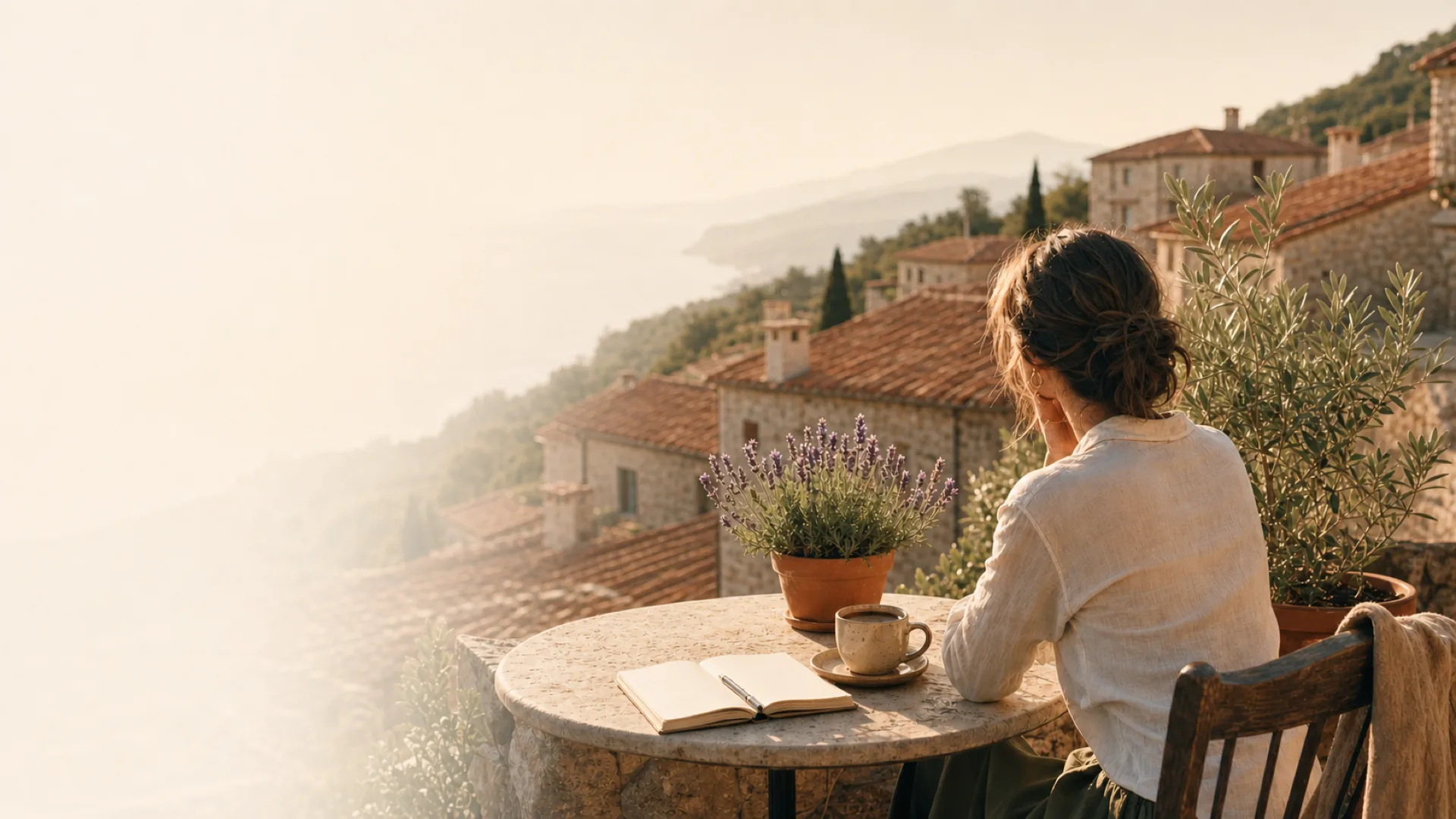 A sunlit Mediterranean hillside town of terracotta rooftops at golden hour, seen from a quiet terrace