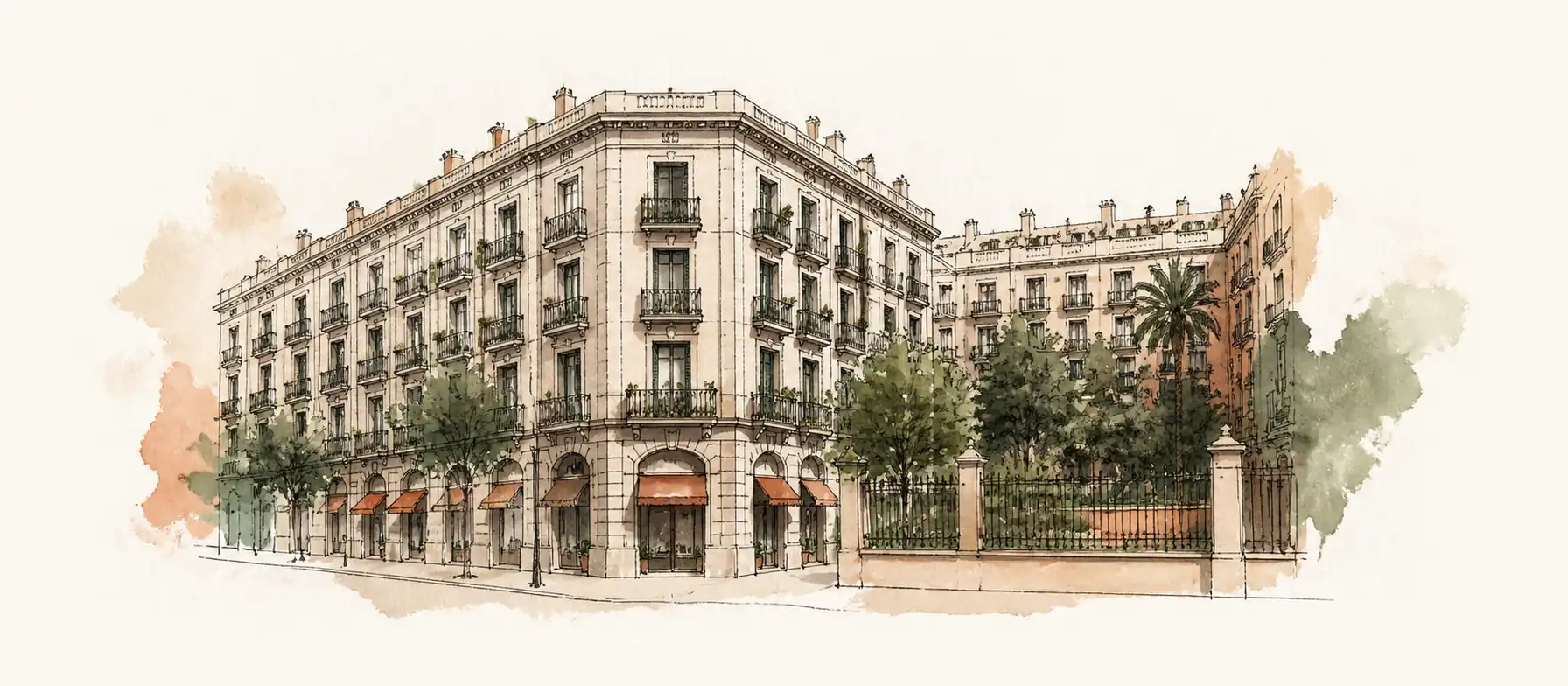 An interpretation of the Barcelona Eixample block type, with a chamfered corner, arcade, iron balconies and courtyard glimpse; it is not a real place.