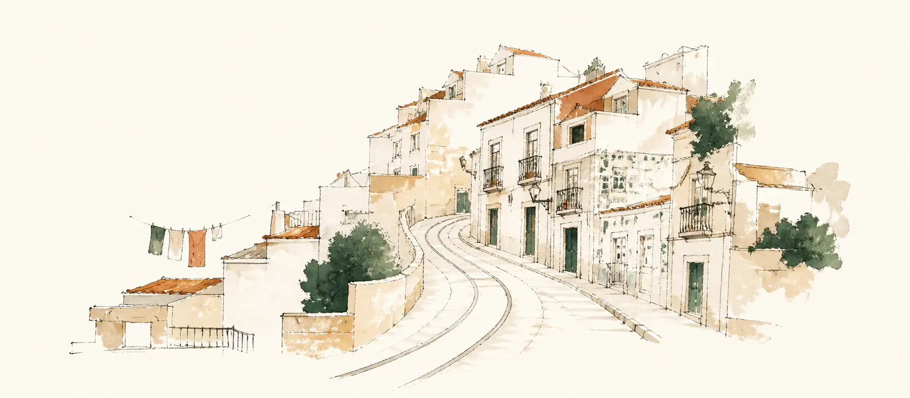 An interpretation of the Lisbon hillside town type, with tiled façades, terracotta roofs, an empty tram-track curve and laundry line; it is not a real place.