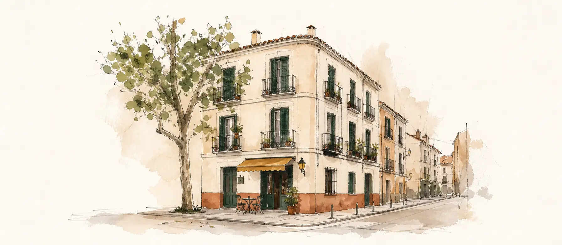 An interpretation of the Madrid residential street type, with a corner block, balconies, shutters, café threshold and plane tree; it is not a real place.