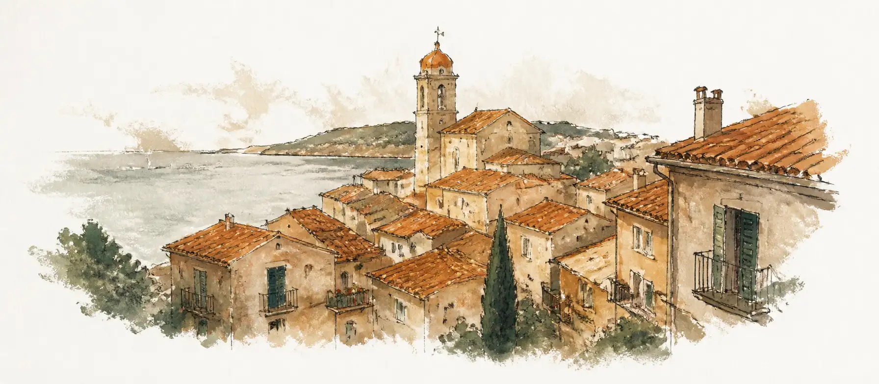 An interpretation of the Málaga and Costa del Sol hillside town type, with terracotta rooflines, shutters, courtyards and the sea beyond; it is not a real place.